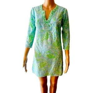 Lilly Pulitzer Neon Crab Print Tissue Beaded Neck Preppy Swim Cover Tunic Dress